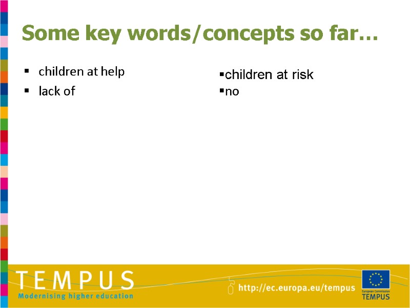 Some key words/concepts so far… children at help lack of   children at
